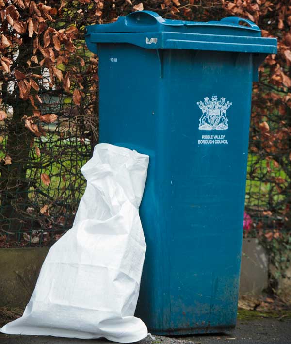 Blue bin and white sack